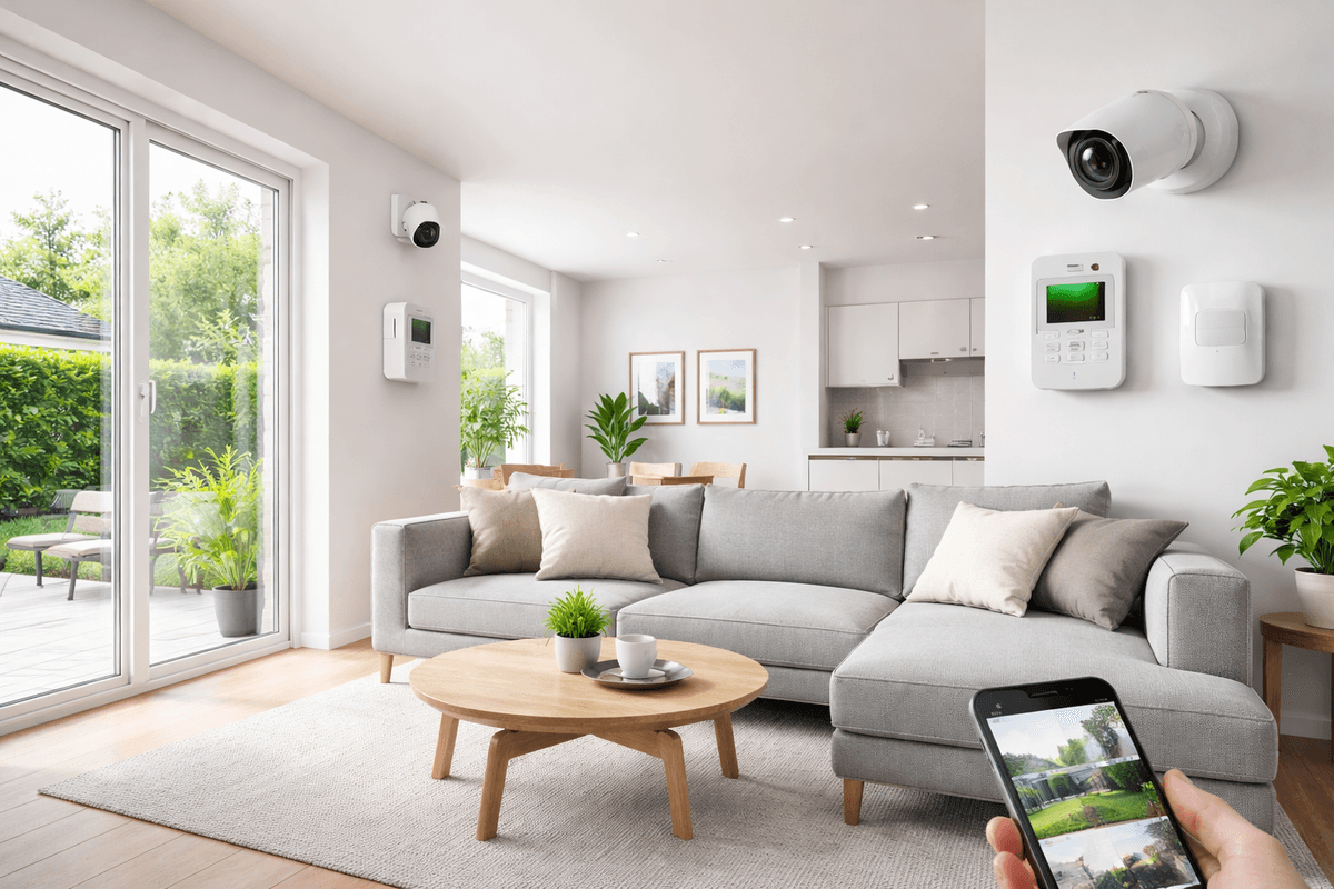 Modernt vardagsrum med hemlarm